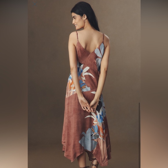 NWT Anthropologie Asymmetrical Floral Dress in Brown and Blue - Picture 3 of 12
